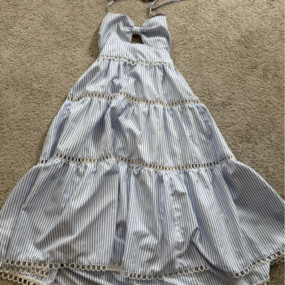 Aqua Blue and White Striped Tiered Halter Kids Dress